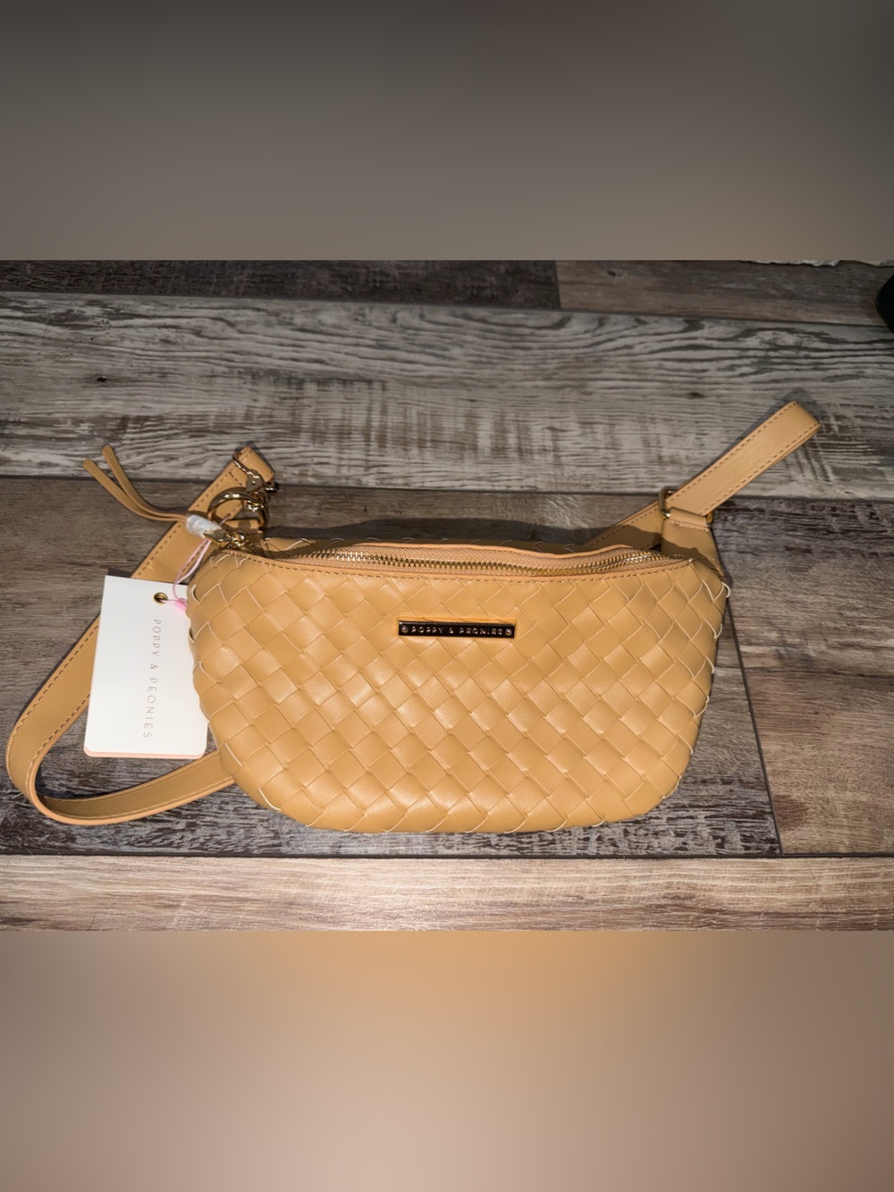 Poppy & Peonies Woven Sidekick Belt Bag Tan Faux Leather Fanny Pack Crossbody